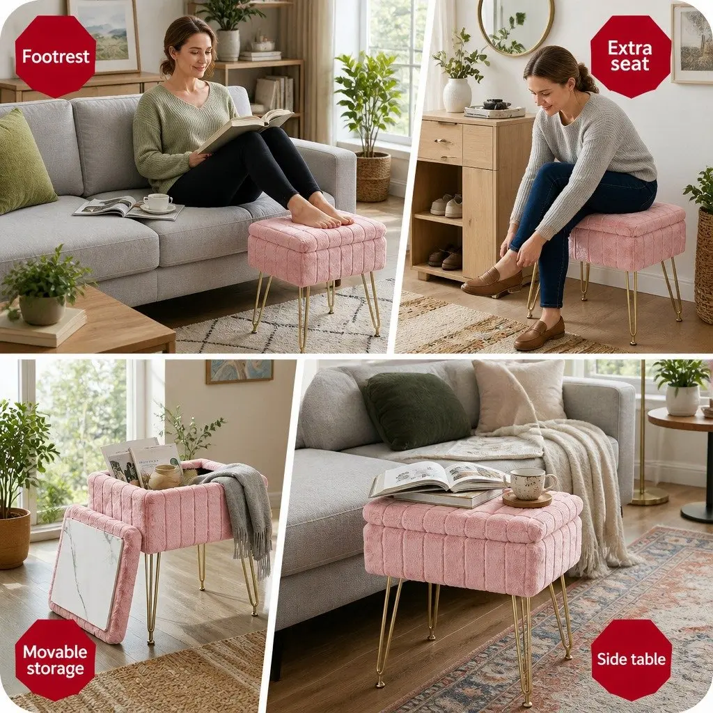 Ottoman Storage Footstool Pink Faux Fur Rectangle Reversible Lid Hidden Compartment 41cm x 31cm x 48cm