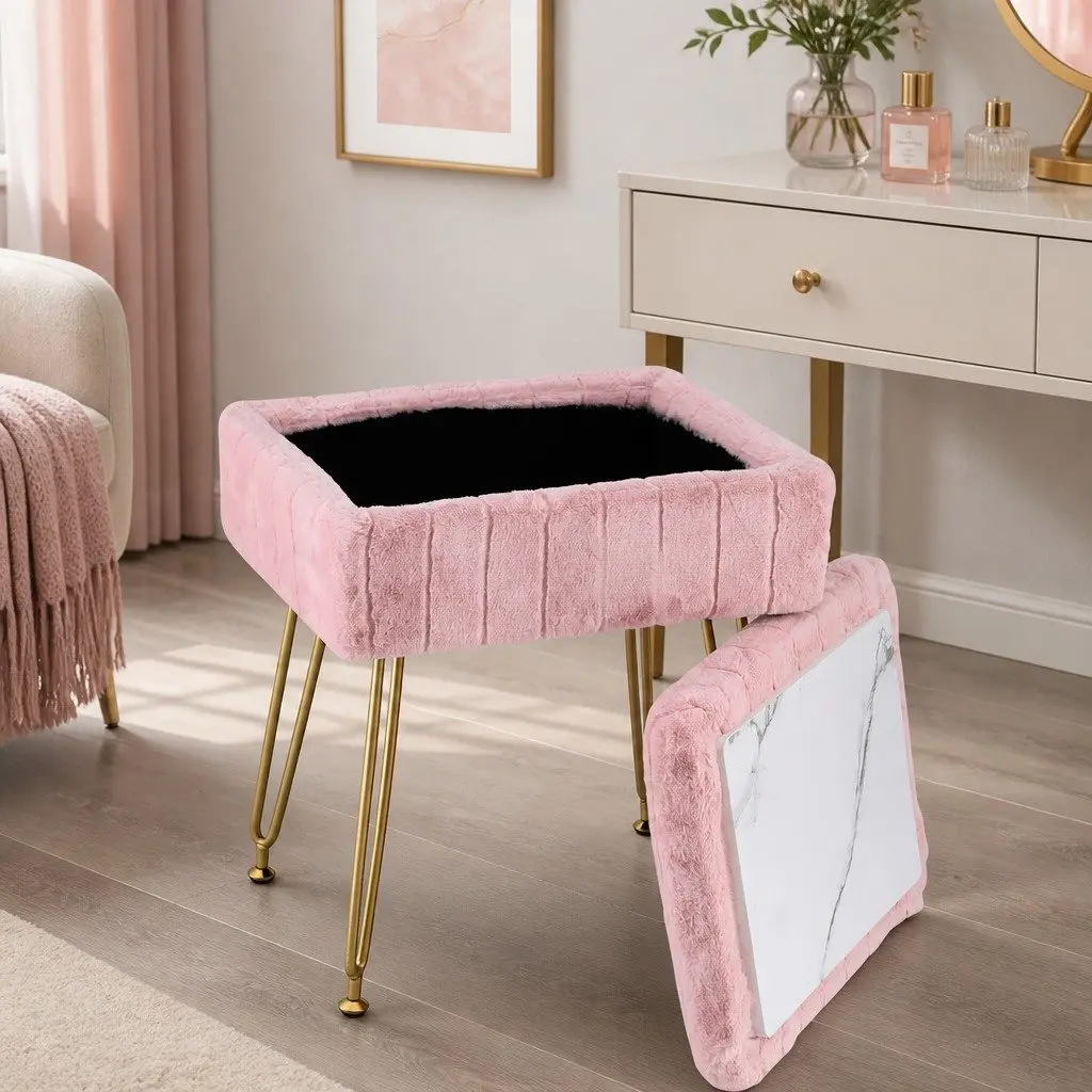 Ottoman Storage Footstool Pink Faux Fur Rectangle Reversible Lid Hidden Compartment 41cm x 31cm x 48cm