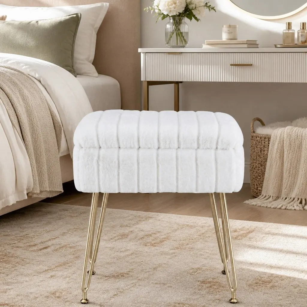 Storage Ottoman Faux Fur Rectangle White Reversible Table Lid