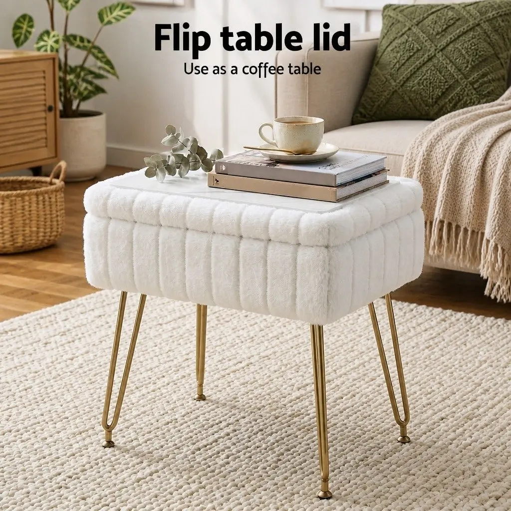 Storage Ottoman Faux Fur Rectangle White Reversible Table Lid