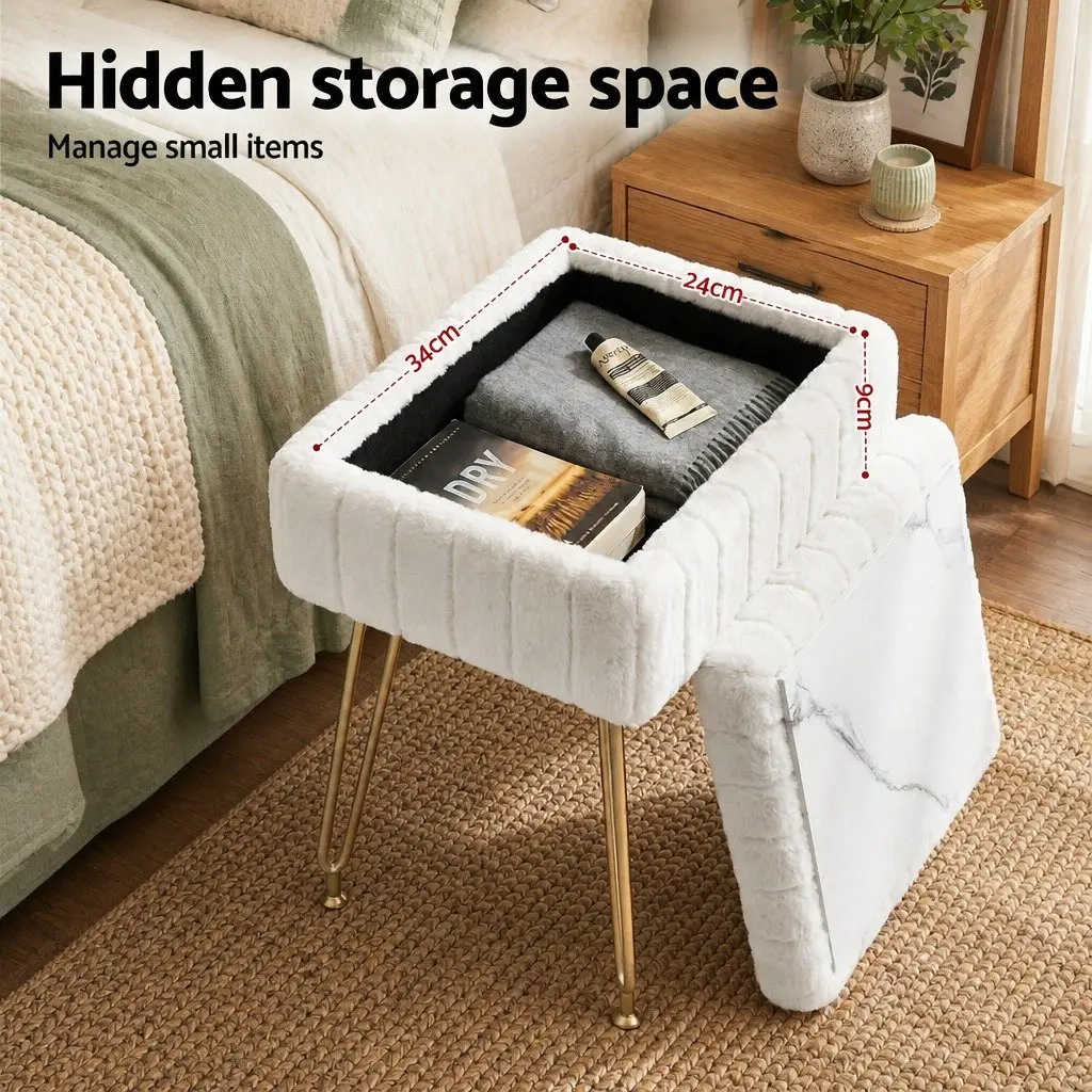 Storage Ottoman Faux Fur Rectangle White Reversible Table Lid