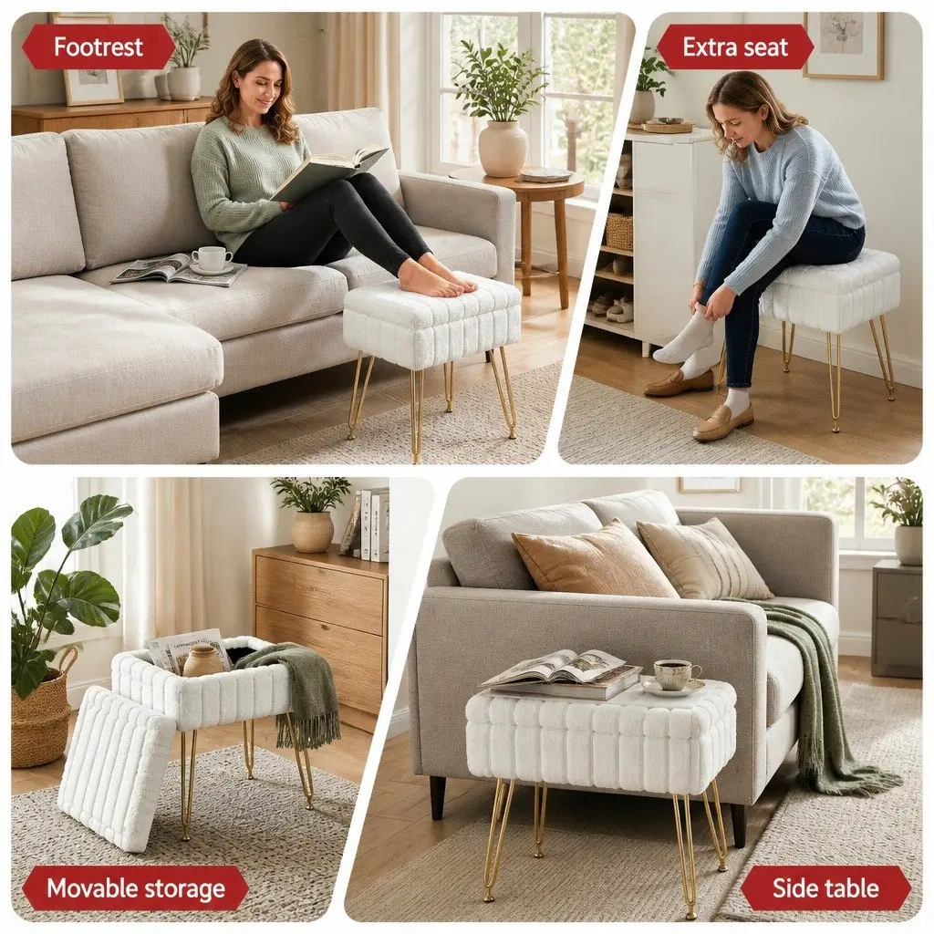 Storage Ottoman Faux Fur Rectangle White Reversible Table Lid