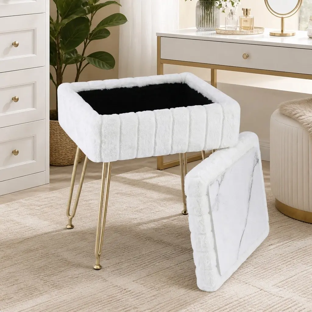 Storage Ottoman Faux Fur Rectangle White Reversible Table Lid