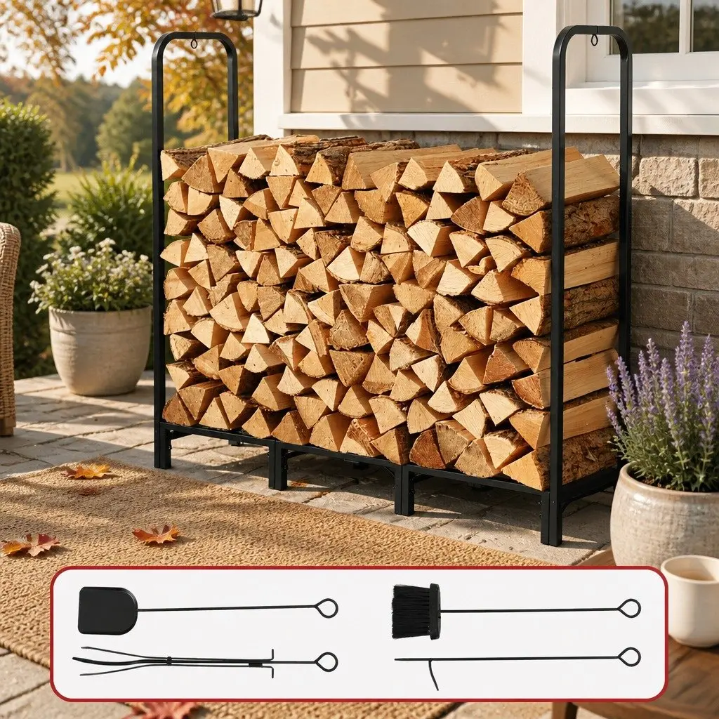 Firewood Rack Heavy-Duty Steel 120cm Black