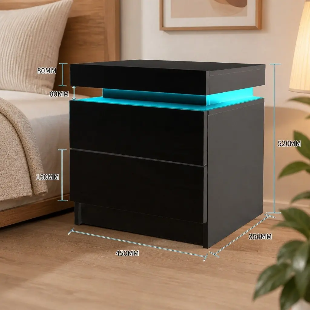 Bedside Table with LED Lighting 2 Drawers Storage Black Side Table Bedroom