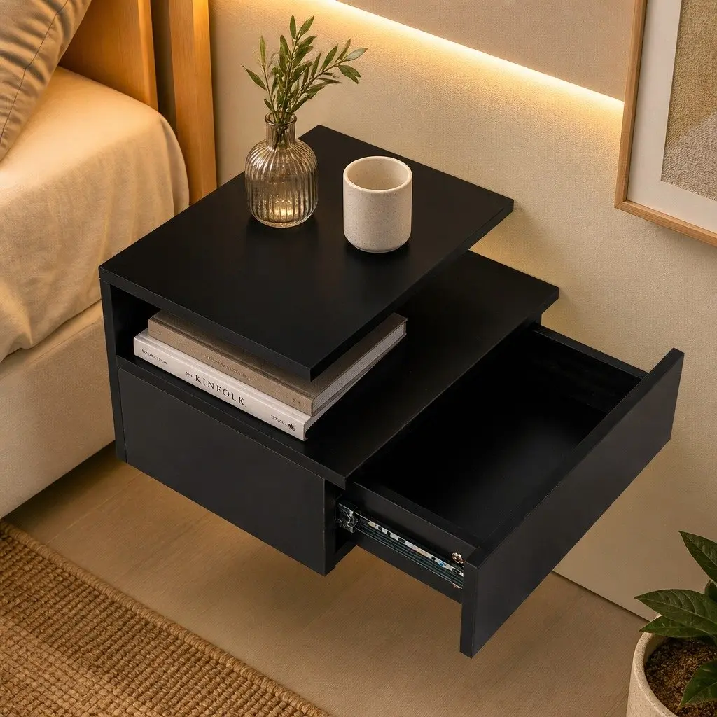 Wall Mounted Bedside Table Particle Board 35cm x 32cm x 22.5cm Black Set of 2
