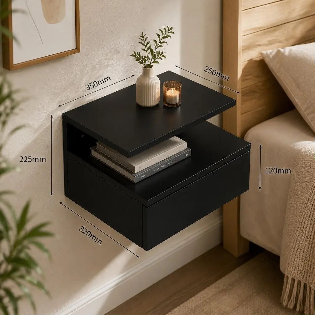 Wall Mounted Bedside Table Particle Board 35cm x 32cm x 22.5cm Black Set of 2