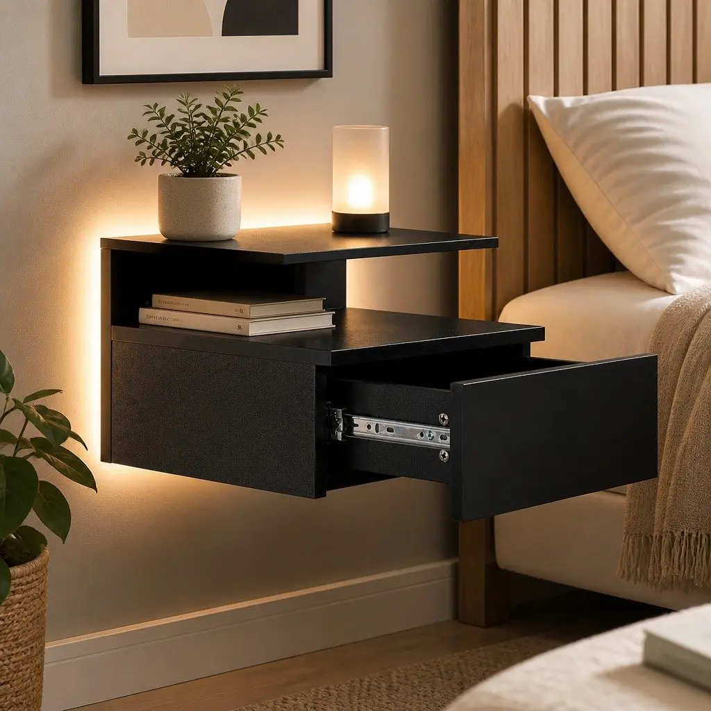 Wall Mounted Bedside Table Particle Board 35cm x 32cm x 22.5cm Black Set of 2