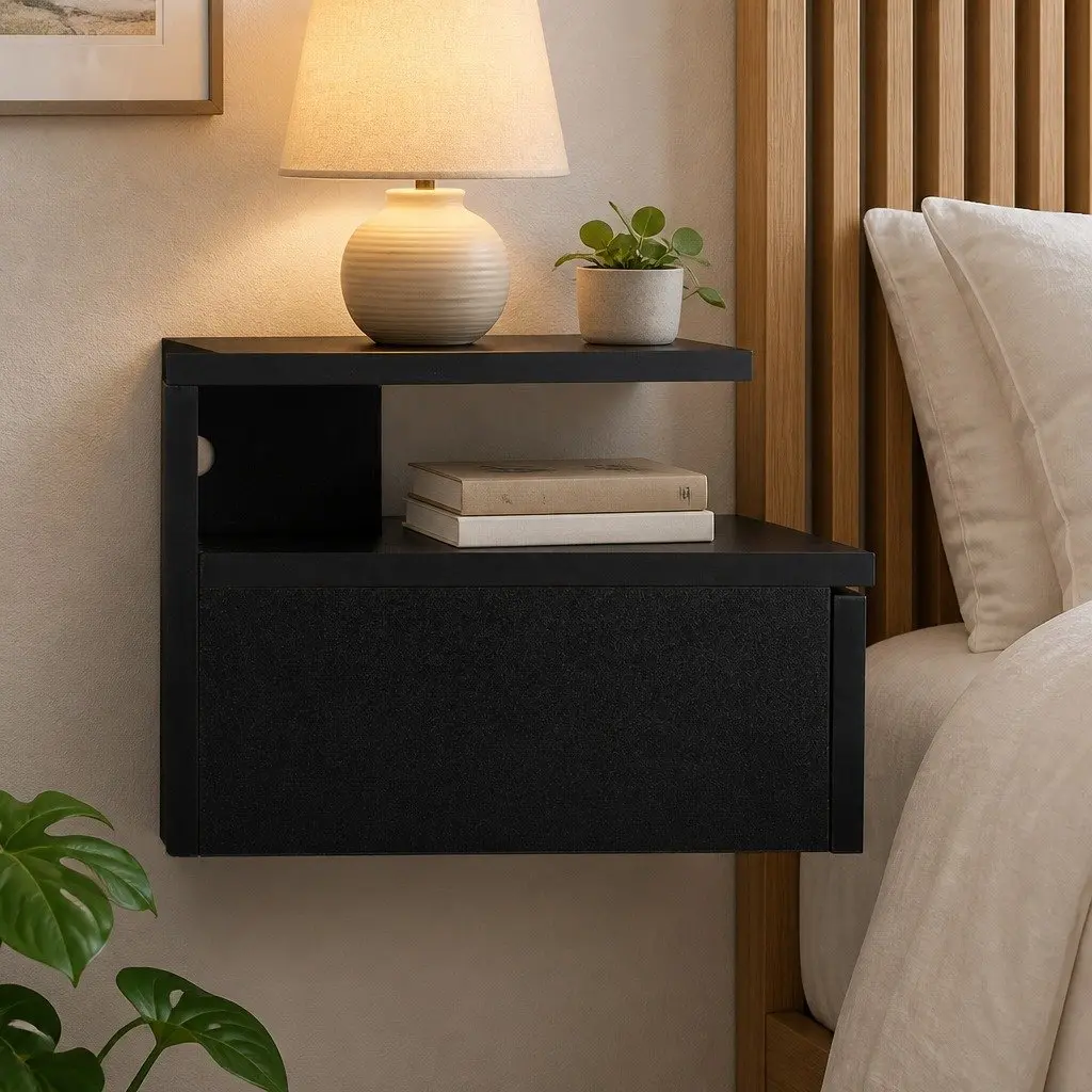 Wall Mounted Bedside Table Particle Board 35cm x 32cm x 22.5cm Black Set of 2