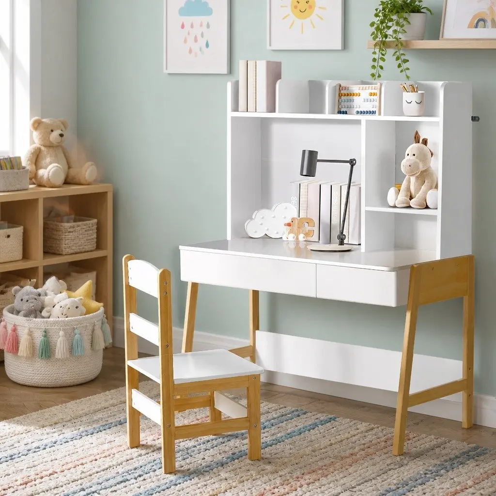 Kids Study Desk and Chair Set MDF and Pine Wood 101cm x 45.5cm x 123cm White and Natural Wood