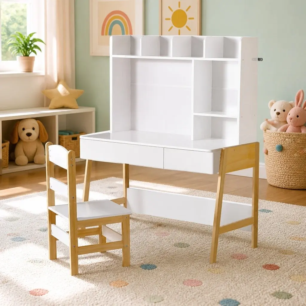 Kids Study Desk and Chair Set MDF and Pine Wood 101cm x 45.5cm x 123cm White and Natural Wood