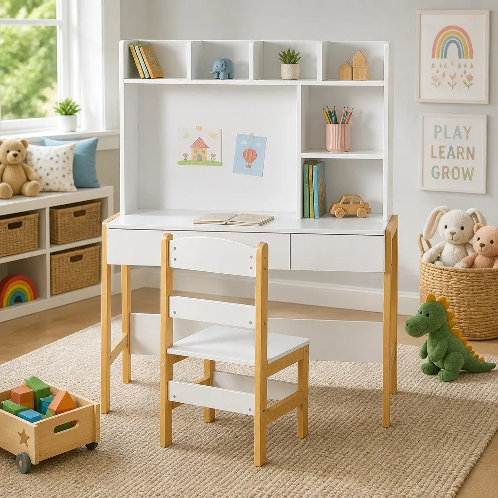 Kids Study Desk and Chair Set MDF and Pine Wood 101cm x 45.5cm x 123cm White and Natural Wood