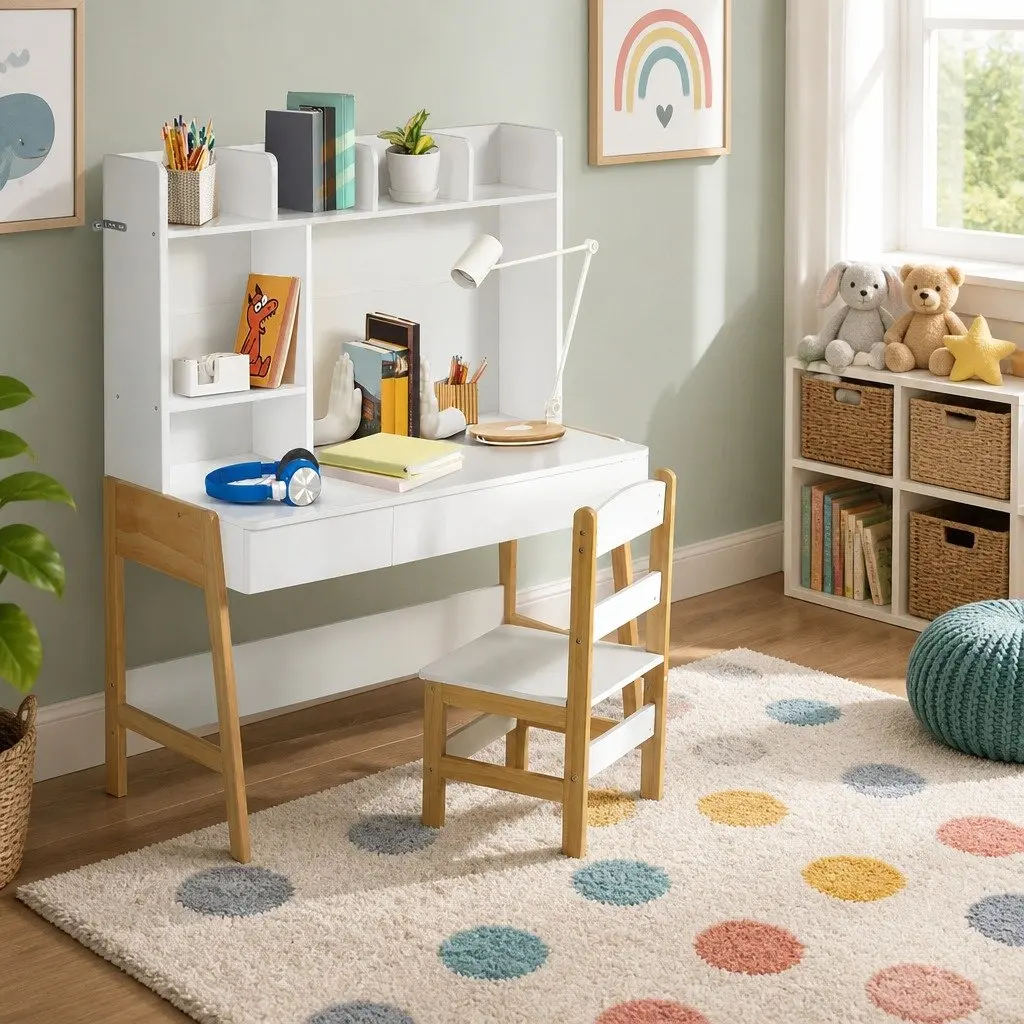Kids Study Desk and Chair Set MDF and Pine Wood 101cm x 45.5cm x 123cm White and Natural Wood