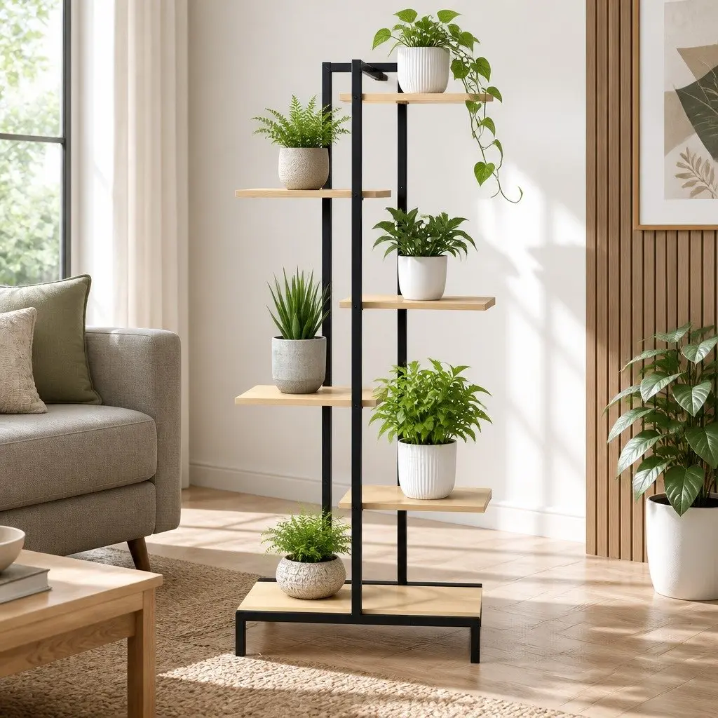 Plant Stand Metal 6 Tier Zigzag Flower Pot Shelf Indoor Outdoor Natural