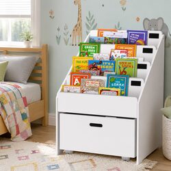 Kids Bookshelf 4 Tier Storage Organiser Children Bookcase with Drawers Display