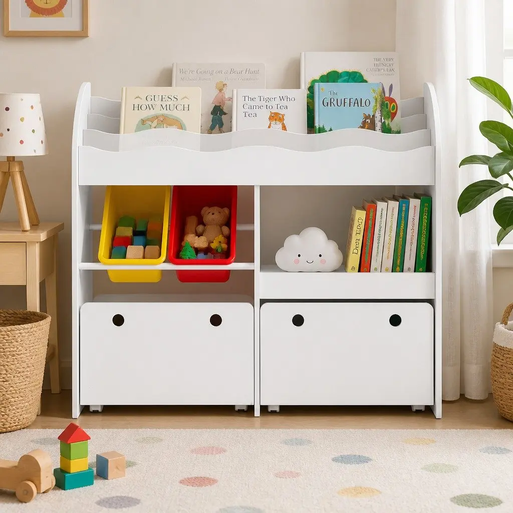 Kids Bookshelf 3 Tier Storage Organiser White MDF Display Shelf with Removable Drawers