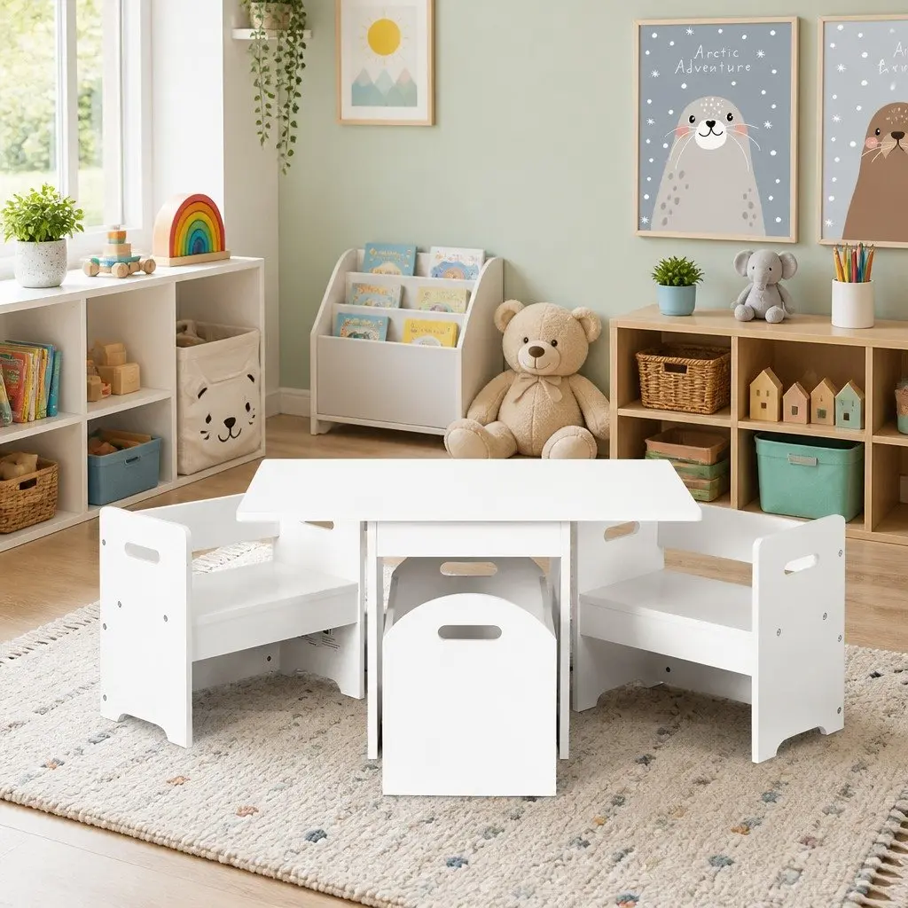 Kids Table and Chairs Set MDF White 3 Piece Play Activity Desk with Storage Box