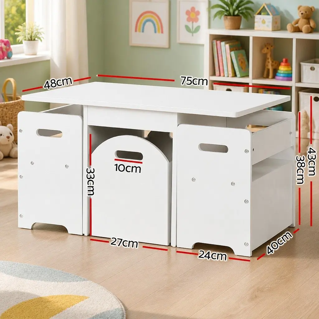 Kids Table and Chairs Set MDF White 3 Piece Play Activity Desk with Storage Box
