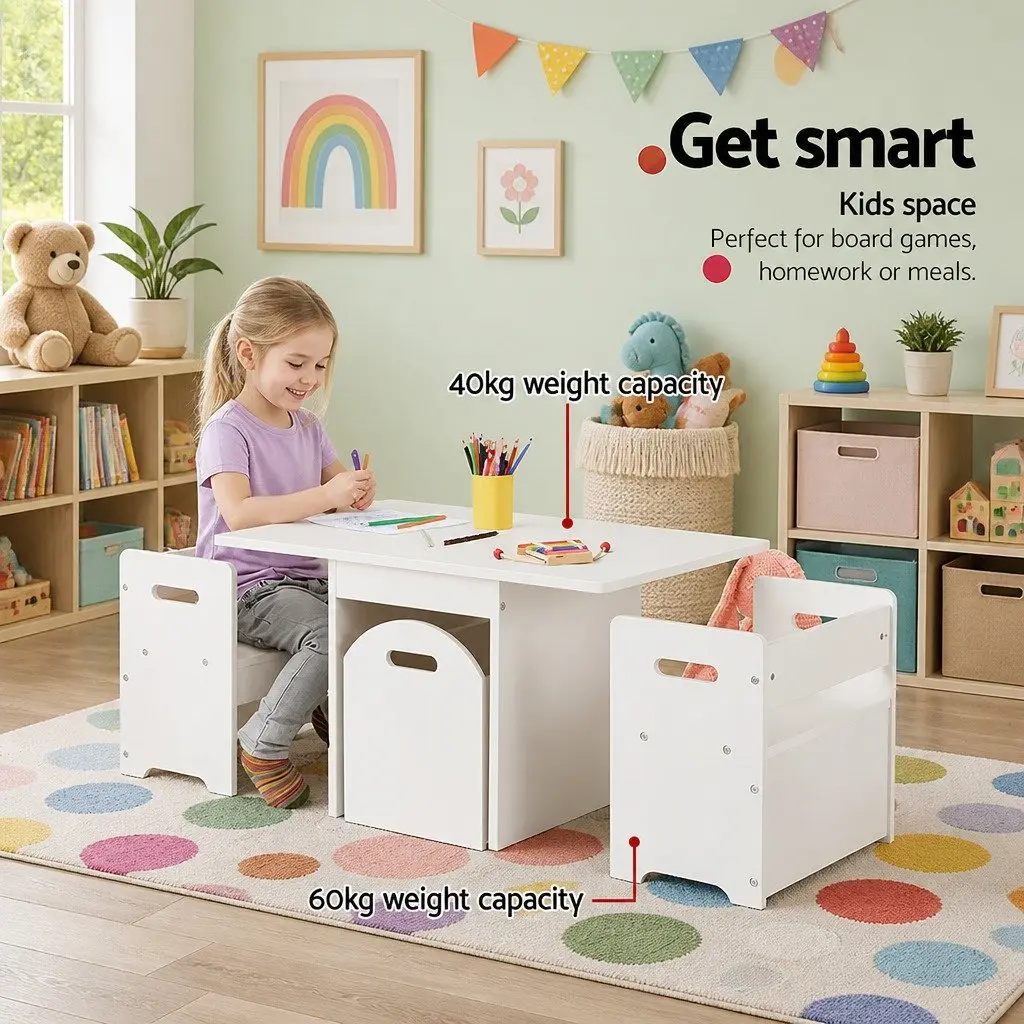 Kids Table and Chairs Set MDF White 3 Piece Play Activity Desk with Storage Box