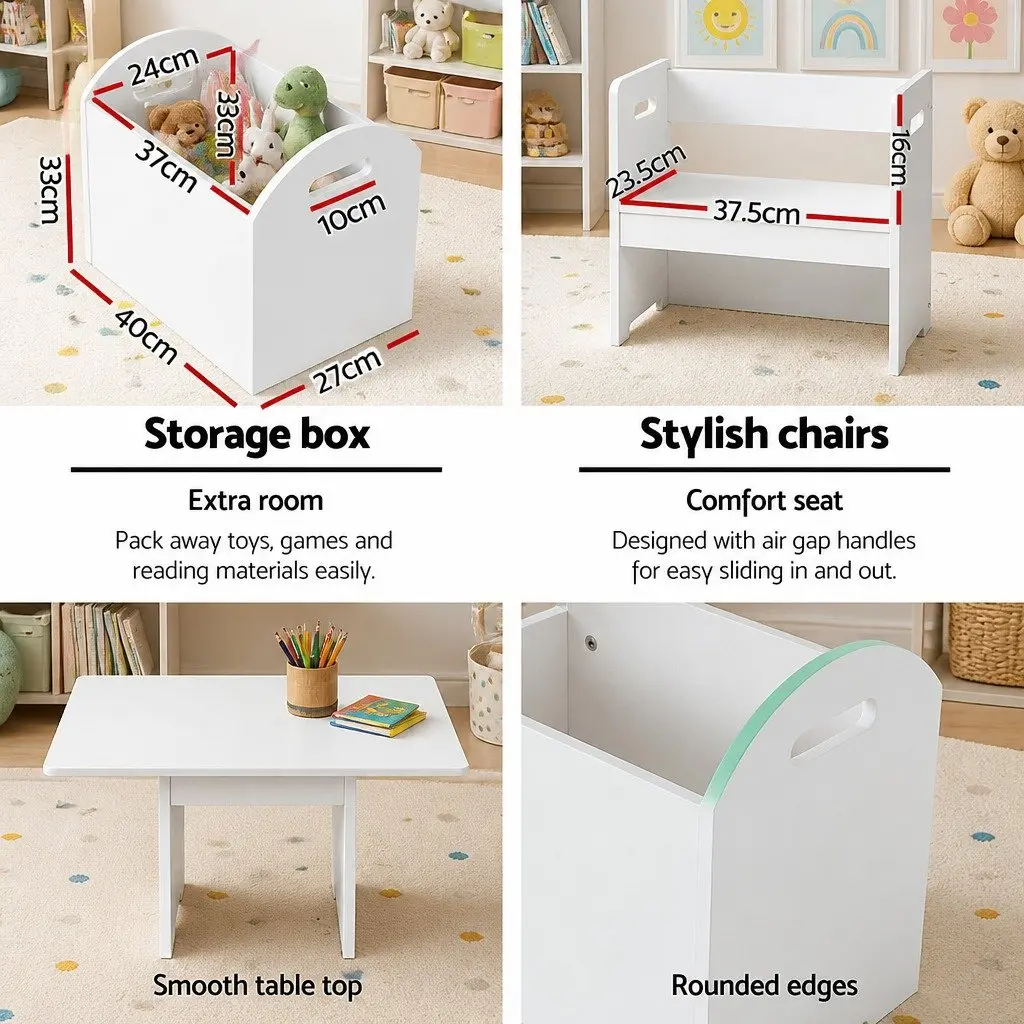 Kids Table and Chairs Set MDF White 3 Piece Play Activity Desk with Storage Box