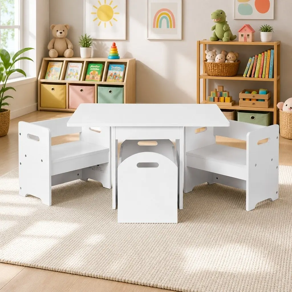 Kids Table and Chairs Set MDF White 3 Piece Play Activity Desk with Storage Box