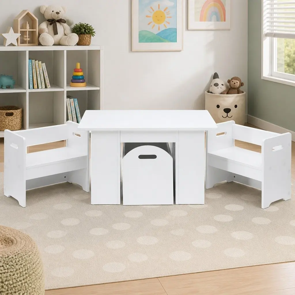 Kids Table and Chairs Set Modular MDF White 3 Piece