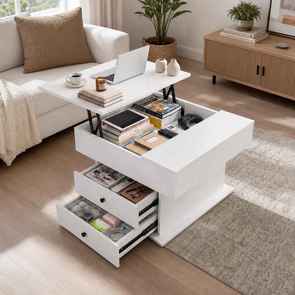Lift Top Coffee Table MDF White Square 71cm x 70cm Rotating Top Hidden Storage