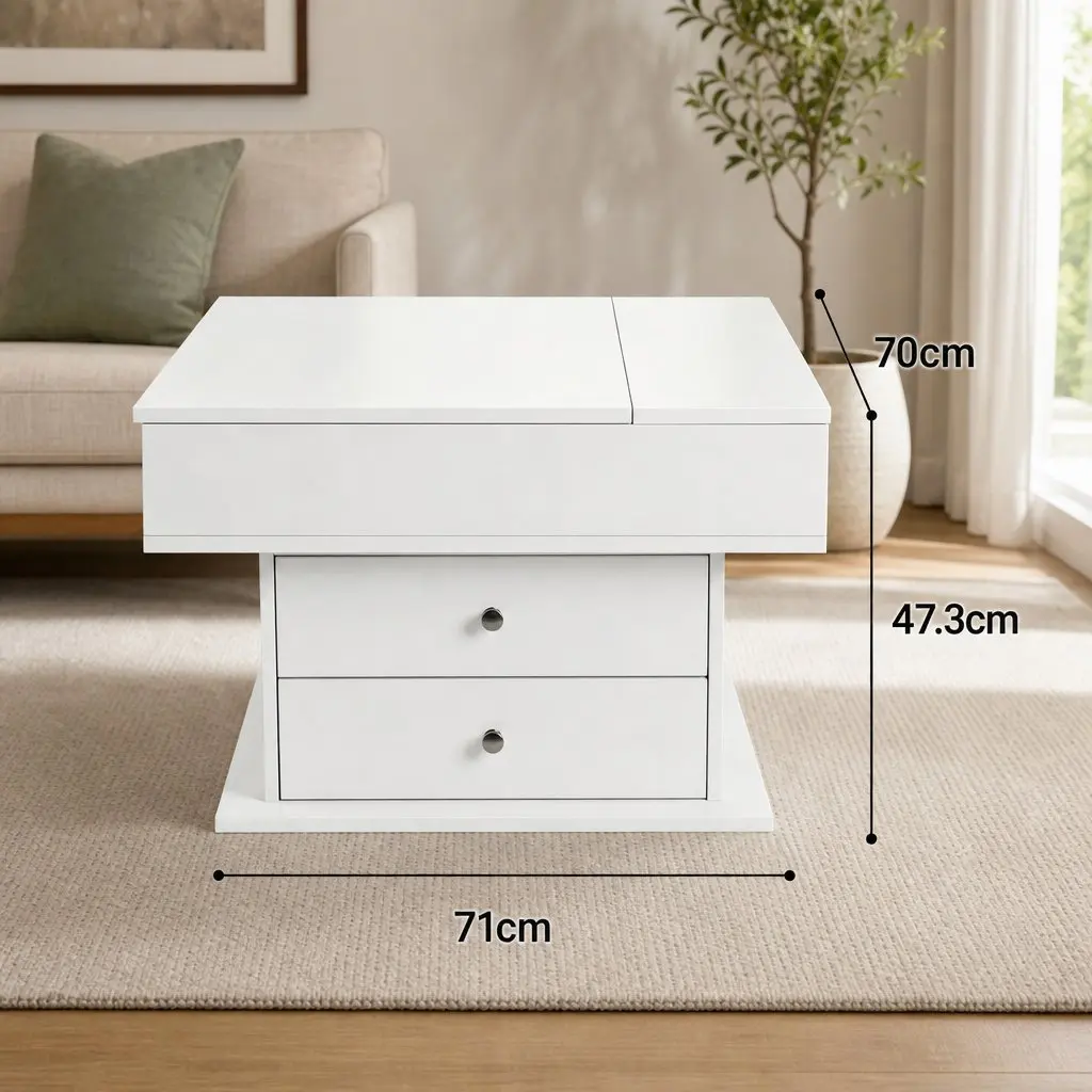 Lift Top Coffee Table MDF White Square 71cm x 70cm Rotating Top Hidden Storage