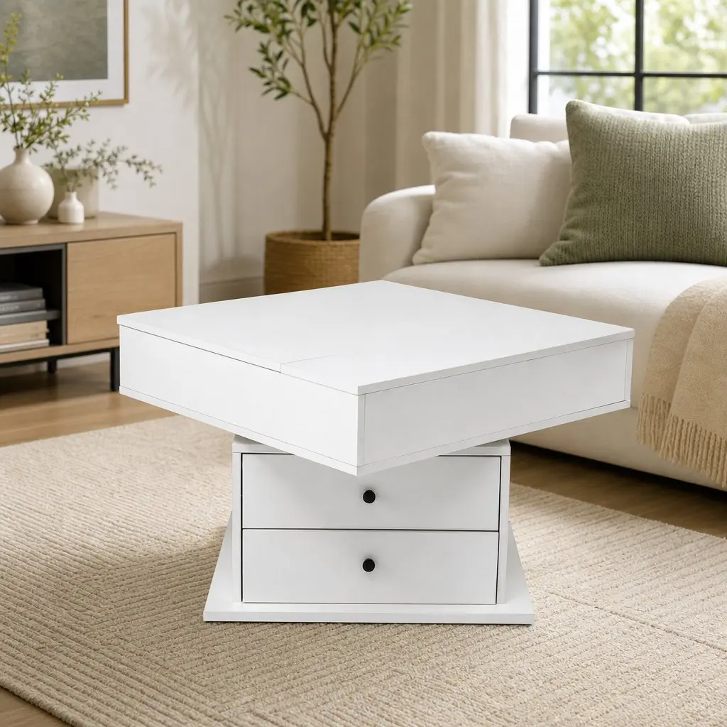 Lift Top Coffee Table MDF White Square 71cm x 70cm Rotating Top Hidden Storage