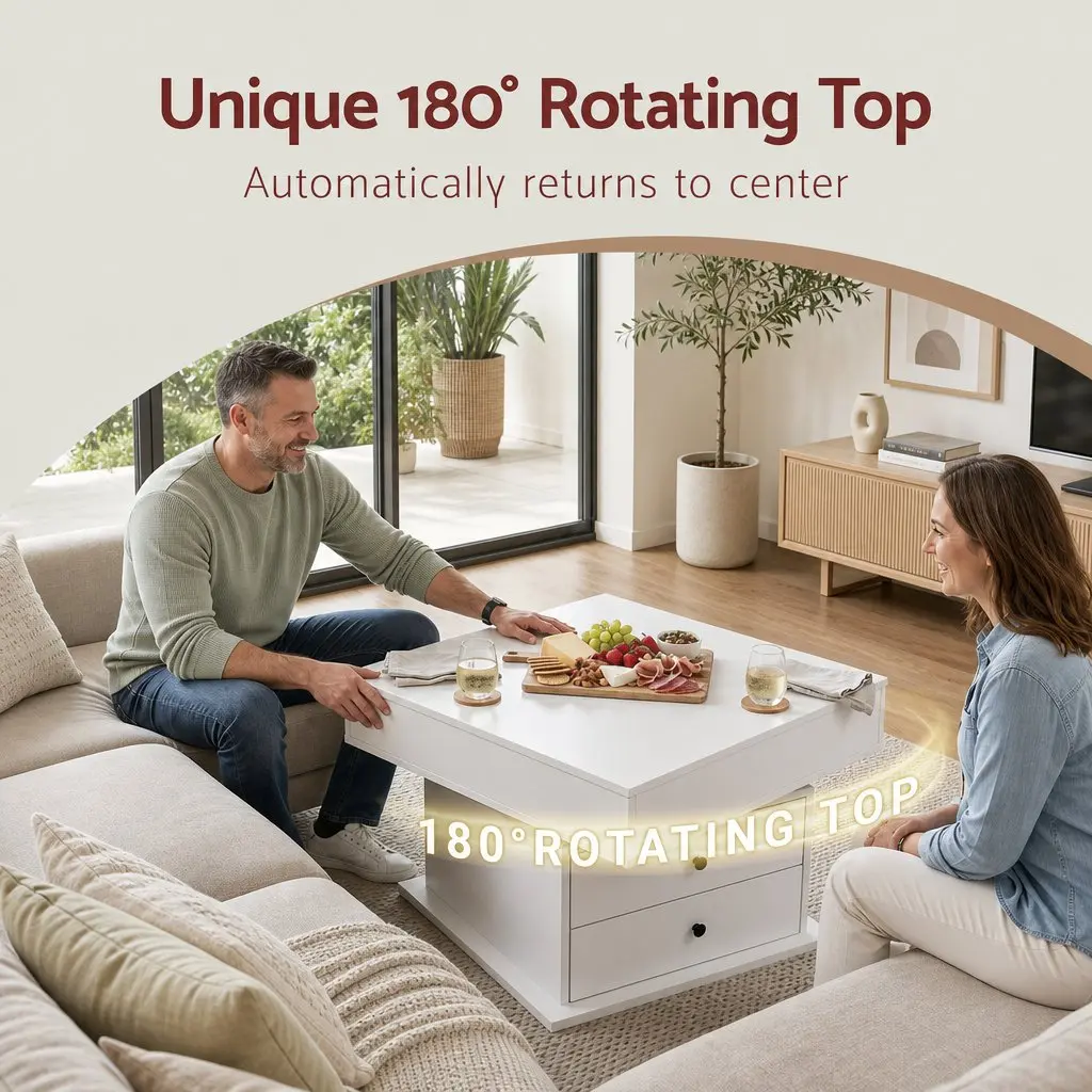 Lift Top Coffee Table MDF White Square 71cm x 70cm Rotating Top Hidden Storage
