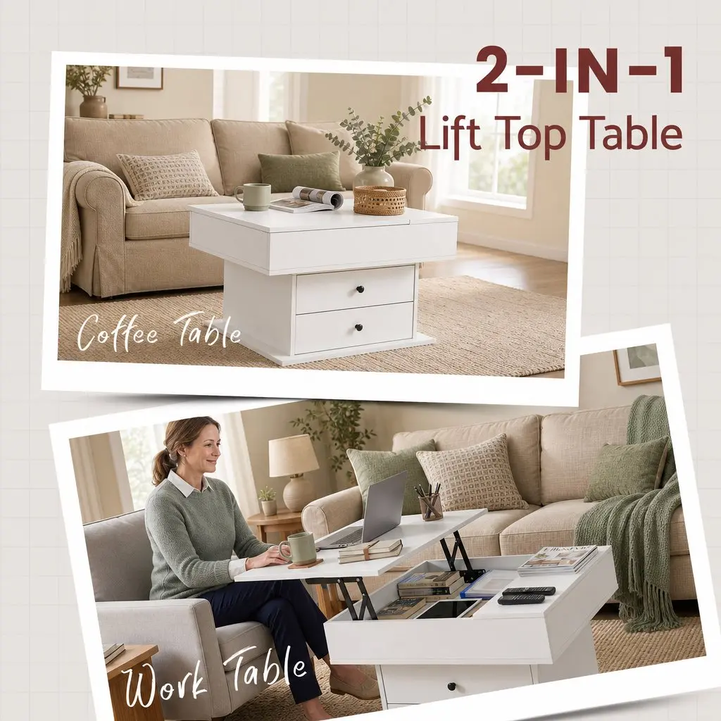 Lift Top Coffee Table MDF White Square 71cm x 70cm Rotating Top Hidden Storage