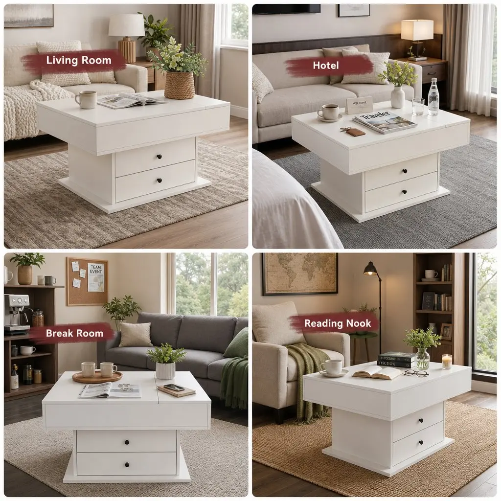 Lift Top Coffee Table MDF White Square 71cm x 70cm Rotating Top Hidden Storage