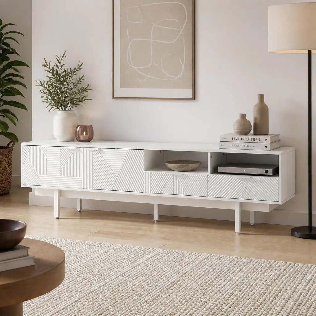 200cm White Modern TV Unit Storage Cabinet for Living Room with Two Cabinets Two Drawers and Two Open Shelves