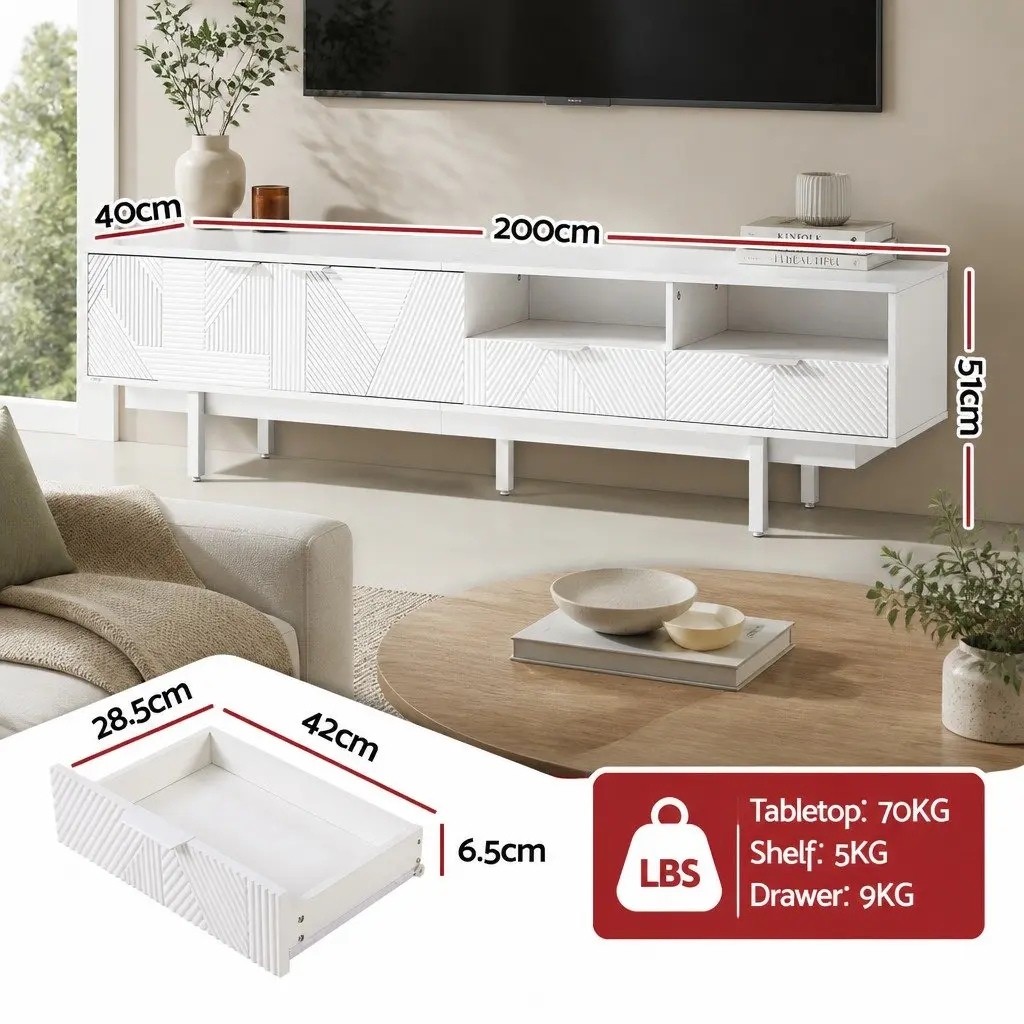 200cm White Modern TV Unit Storage Cabinet for Living Room with Two Cabinets Two Drawers and Two Open Shelves