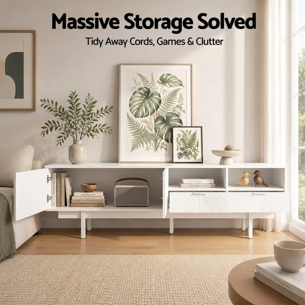 200cm White Modern TV Unit Storage Cabinet for Living Room with Two Cabinets Two Drawers and Two Open Shelves