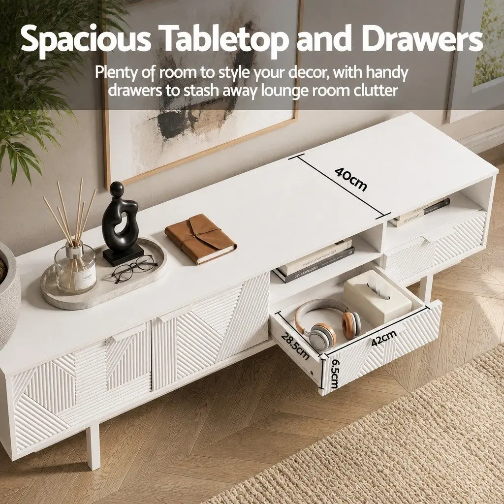 200cm White Modern TV Unit Storage Cabinet for Living Room with Two Cabinets Two Drawers and Two Open Shelves