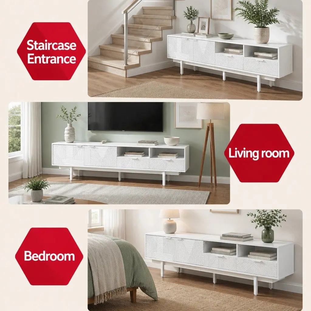 200cm White Modern TV Unit Storage Cabinet for Living Room with Two Cabinets Two Drawers and Two Open Shelves