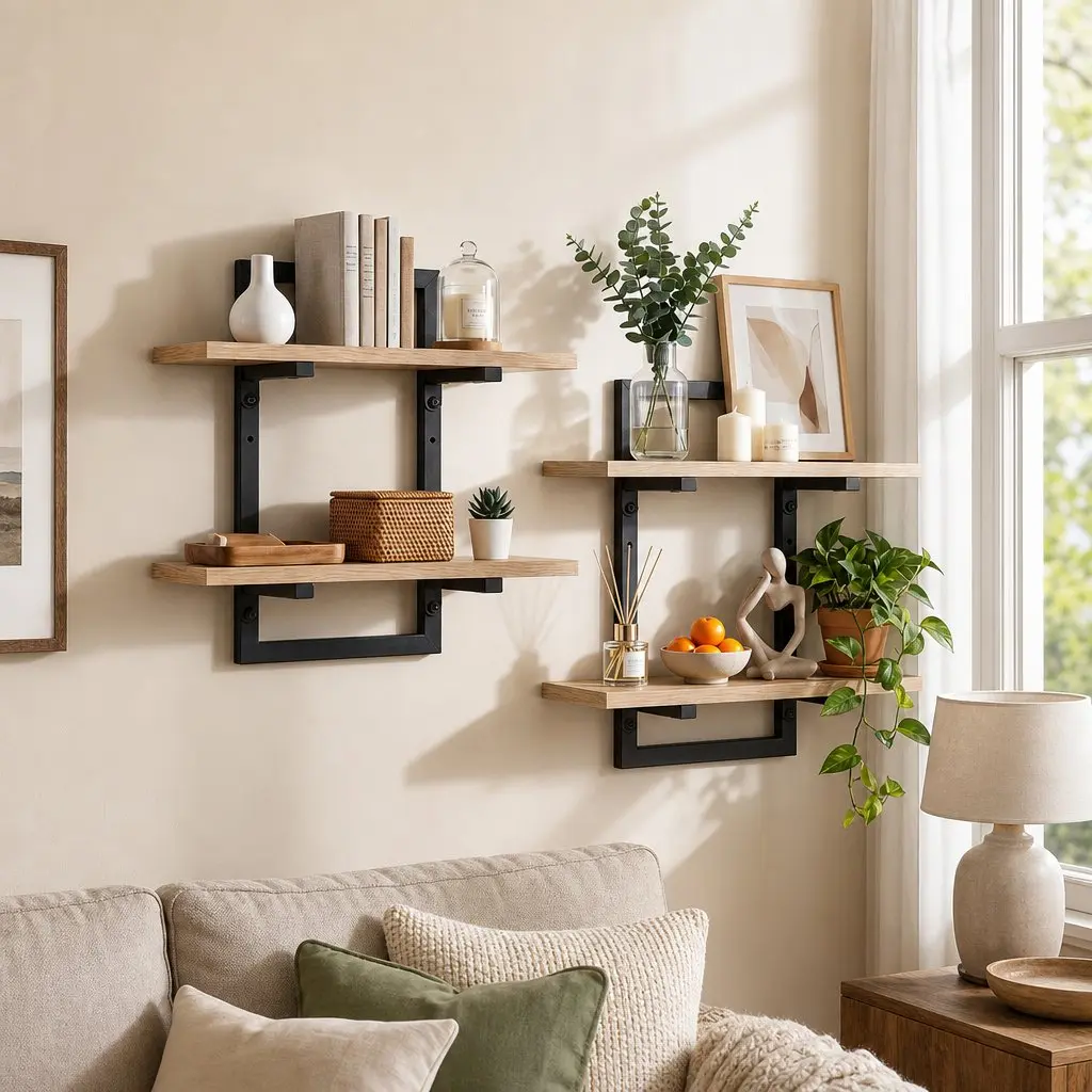 Floating Wall Shelf 2-Tier Wall-Mounted Display Ledge Storage Set of 2 Wood