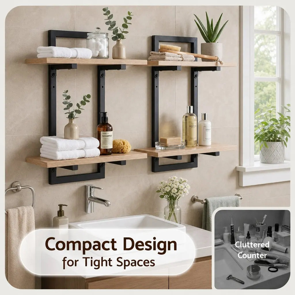 Floating Wall Shelf 2-Tier Wall-Mounted Display Ledge Storage Set of 2 Wood