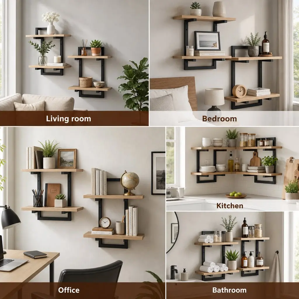Floating Wall Shelf 2-Tier Wall-Mounted Display Ledge Storage Set of 2 Wood
