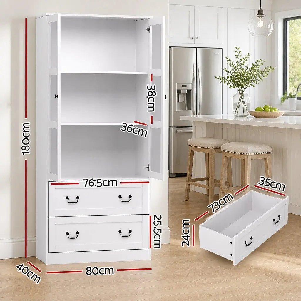 Buffet Sideboard Kitchen Storage Cabinet 180cm White with Clear Glass Door Drawers