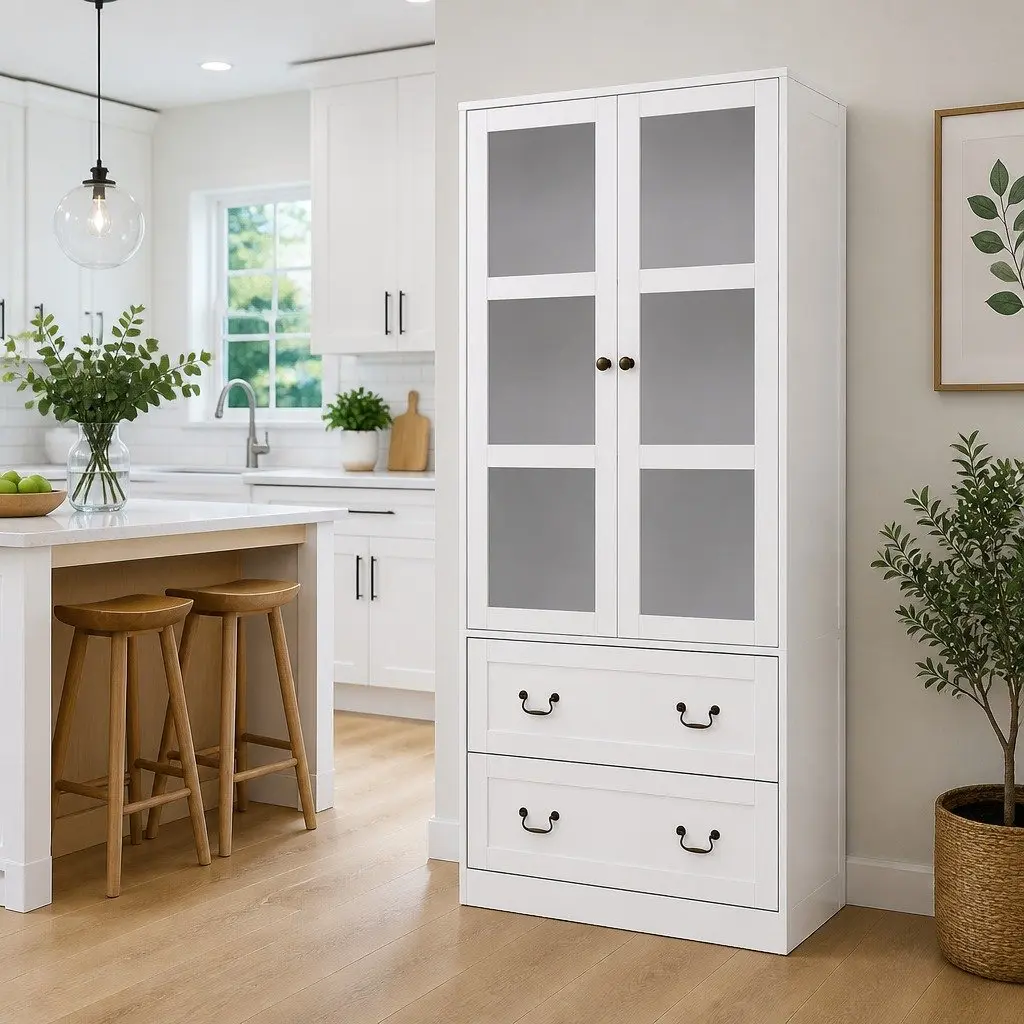 Buffet Sideboard Kitchen Storage Cabinet 180cm White with Clear Glass Door Drawers