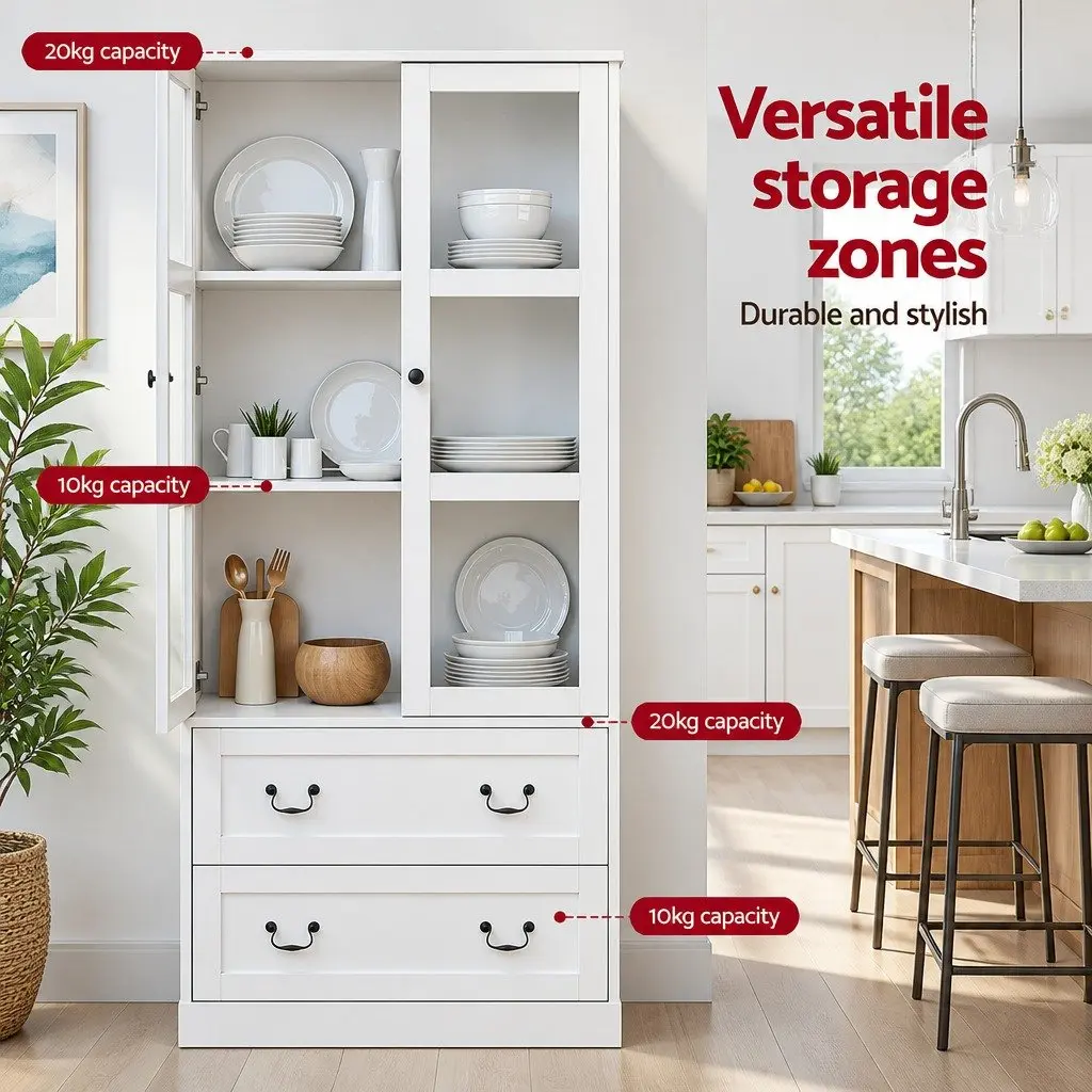 Buffet Sideboard Kitchen Storage Cabinet 180cm White with Clear Glass Door Drawers