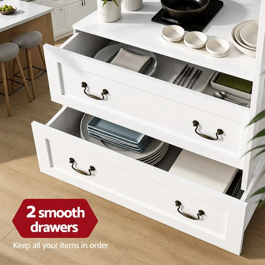 Buffet Sideboard Kitchen Storage Cabinet 180cm White with Clear Glass Door Drawers