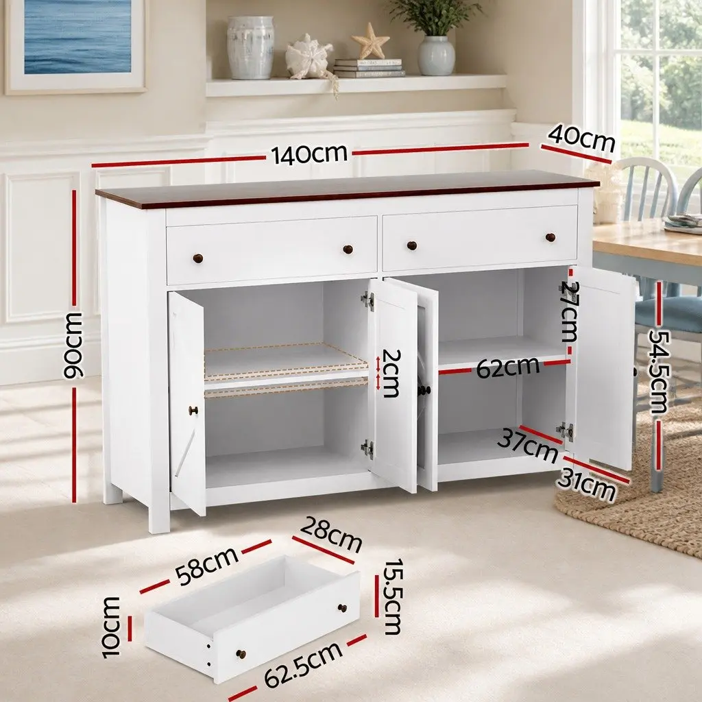 Buffet Sideboard Storage Cabinet Particle Board MDF 140CM White Walnut X-Frame Doors 2 Drawers