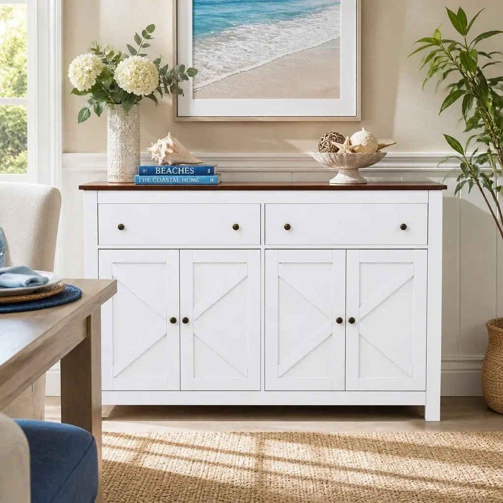 Buffet Sideboard Storage Cabinet Particle Board MDF 140CM White Walnut X-Frame Doors 2 Drawers