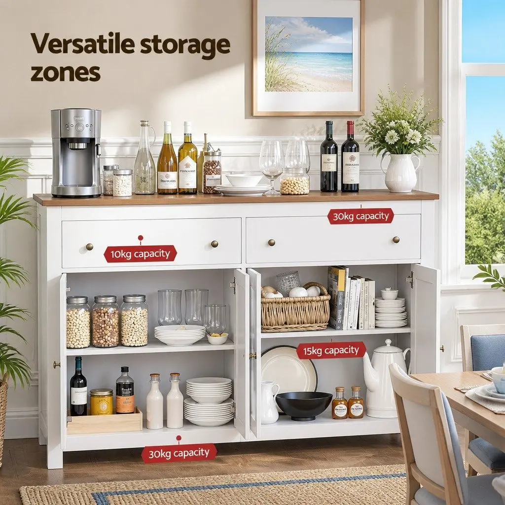 Buffet Sideboard Storage Cabinet Particle Board MDF 140CM White Walnut X-Frame Doors 2 Drawers