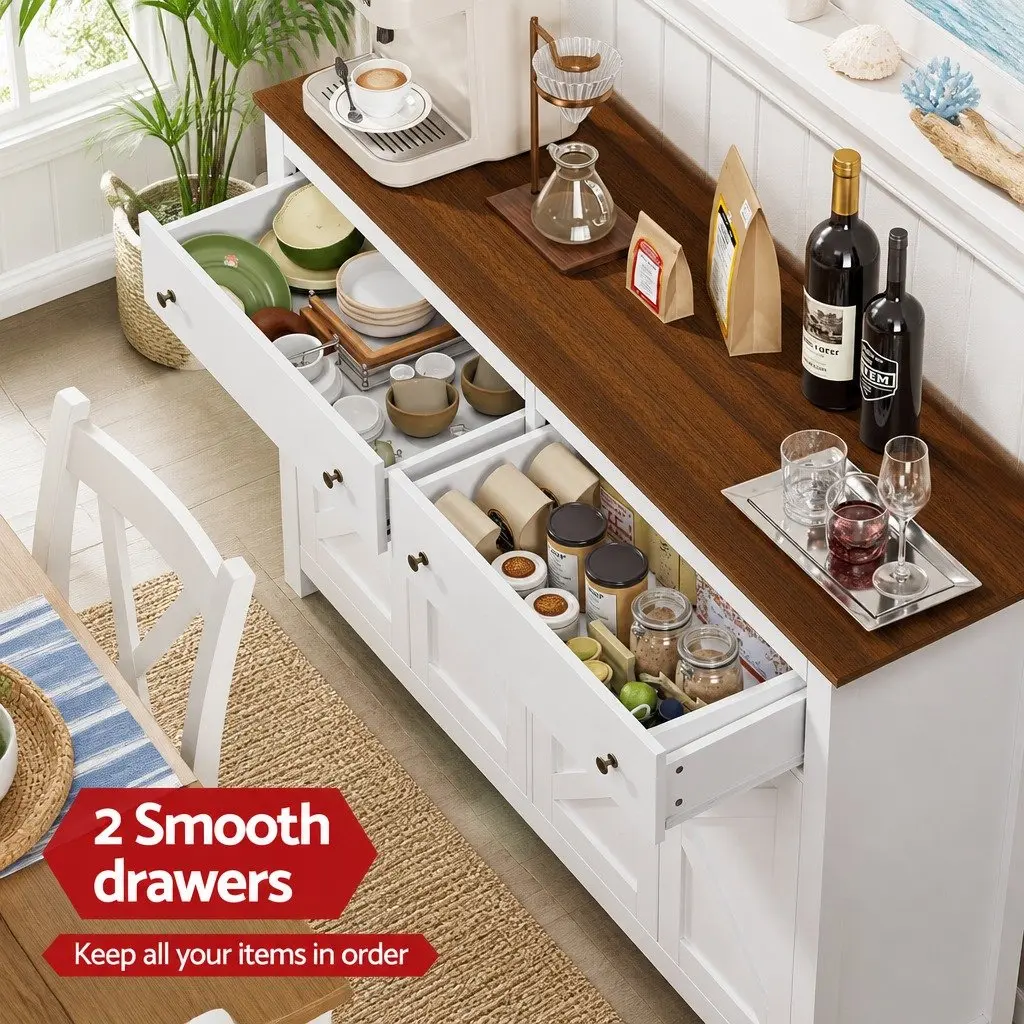Buffet Sideboard Storage Cabinet Particle Board MDF 140CM White Walnut X-Frame Doors 2 Drawers