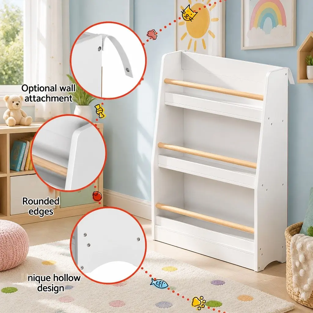 Kids Bookshelf 3 Tier Storage Organiser Yellow Particleboard MDF 59cm x 18cm x 80cm