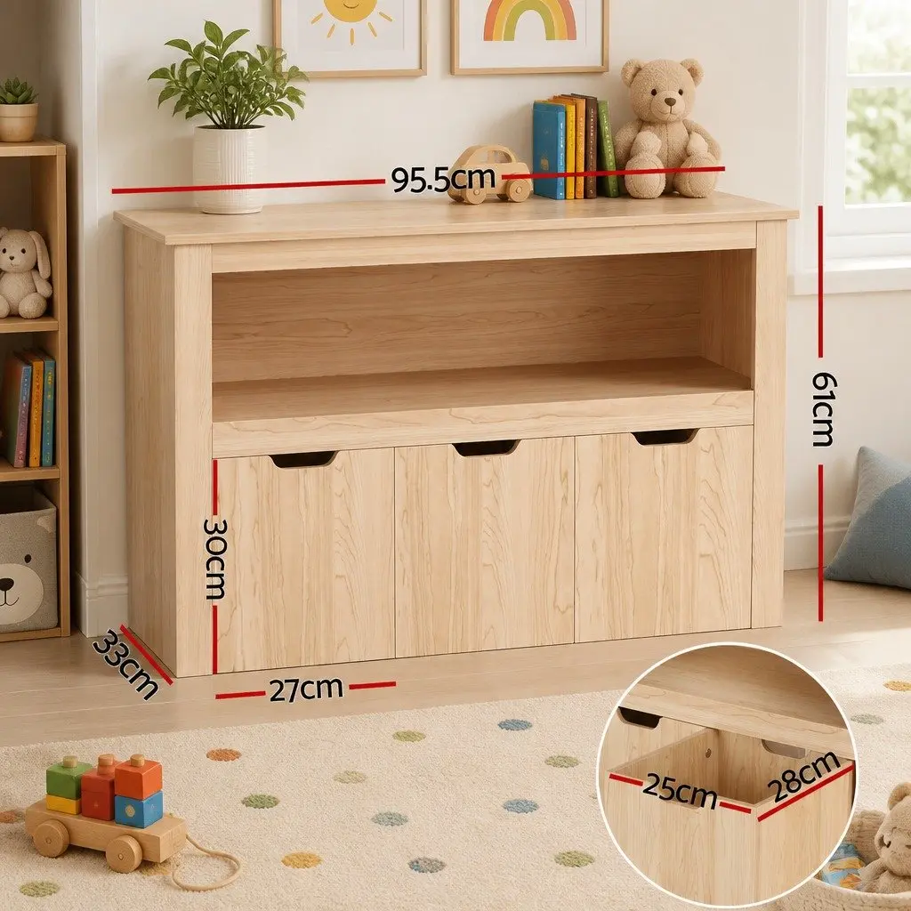 Kids Bookshelf Wooden Bookcase 3 Drawers Storage Walnut 95.5cm H 33cm W 61cm D